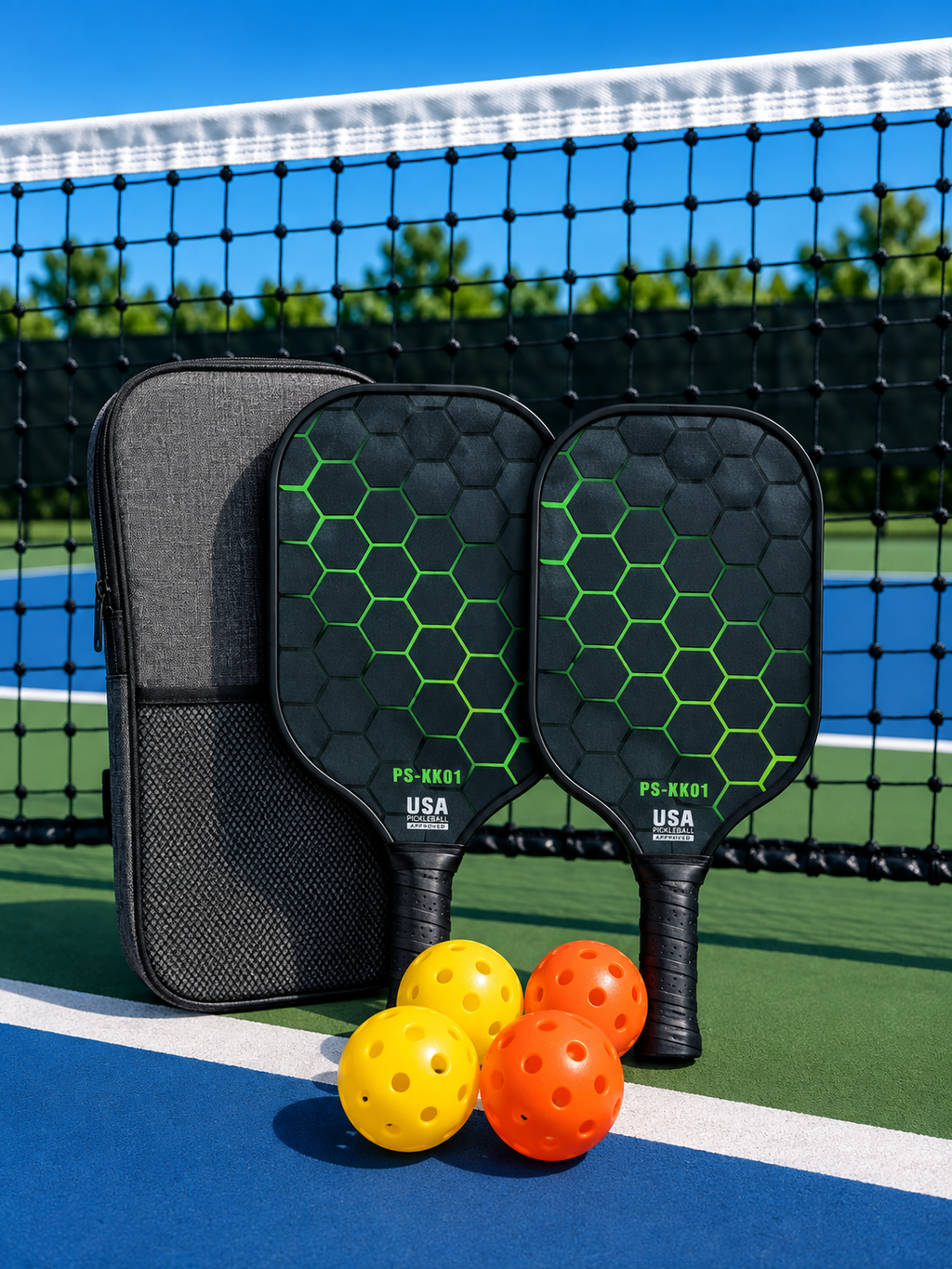 7pcs Pickleball Set Fibreglass 16mm - Green Hex